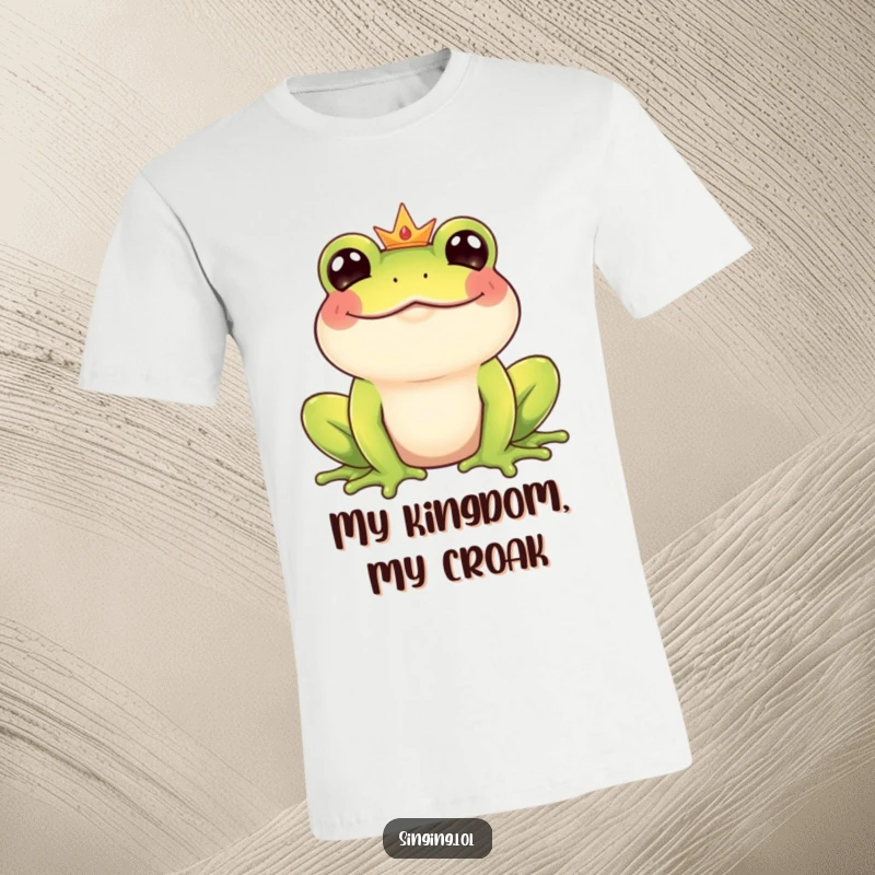 Funny Frog Prince t-shirt showcasing a giggling amphibian prince character caught mid-croak, radiating pure joy and off-key musical bliss.