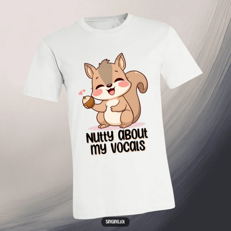 Funny squirrel t-shirt showcasing a happy rodent belting out a tune while tightly gripping a tiny nut. A joyful scene.