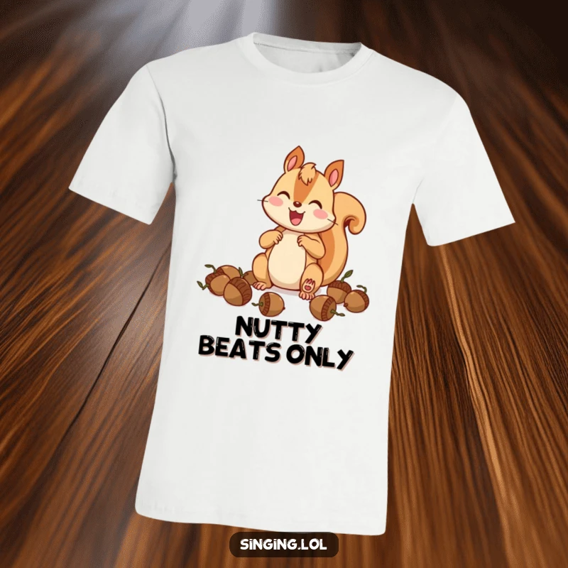 Funny squirrel drummer t-shirt, a cheerful rodent passionately playing acorns as drums, capturing joy and rhythm.