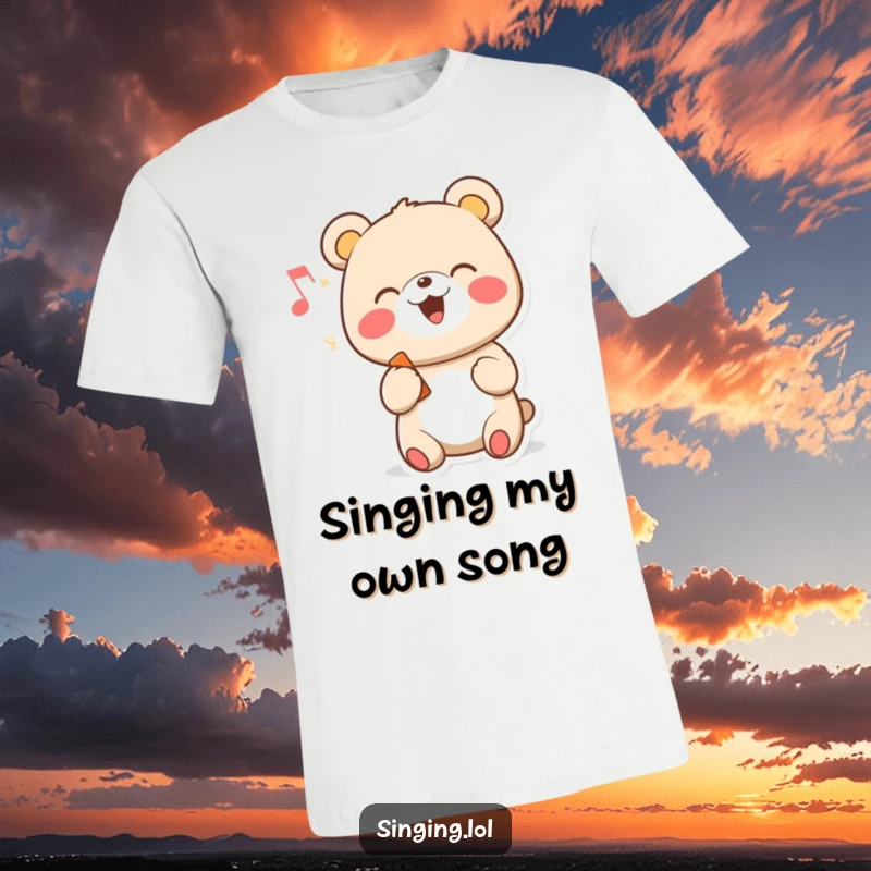 Funny t-shirt showcasing a cheerful cartoon bear character singing a tune with a musical note, full of joy.