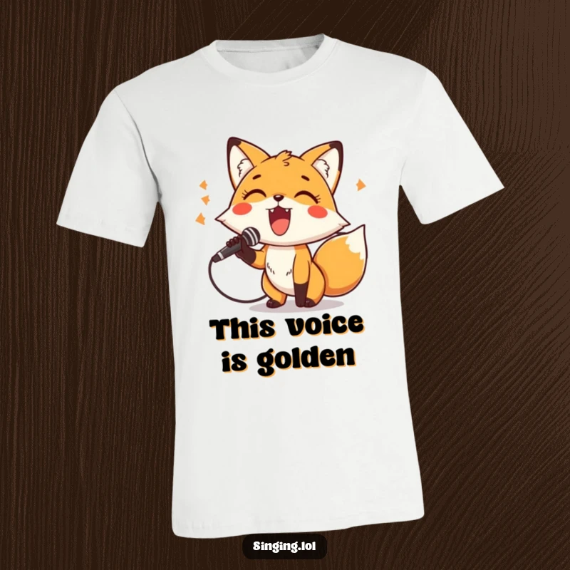 Funny T-Shirt featuring a cheerful fox character holding a microphone, belting out a tune with confidence and charisma.