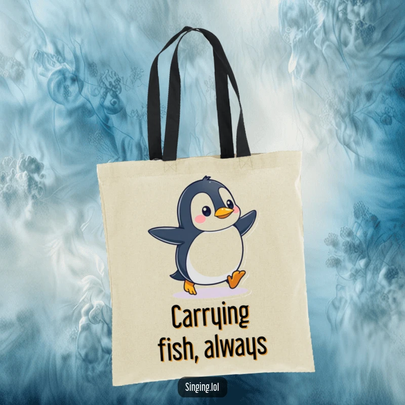 Funny waddling penguin tapping its feet with joy and rhythm, featured on a durable and stylish tote bag.