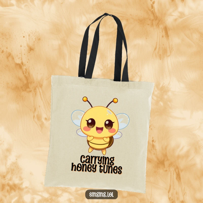 Funny tote bag showcasing a happy bee character buzzing a high note, ideal for music lovers on the go.