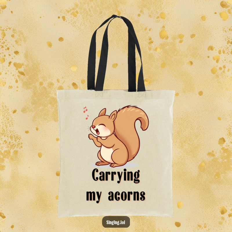 Funny tote bag showcasing a happy squirrel singing with its tail swinging rhythmically, a practical and humorous accessory.
