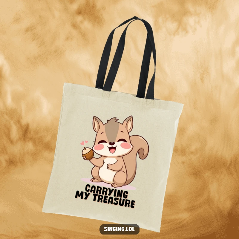 Funny squirrel tote bag with a cheerful singing rodent holding a nut, ready for shopping adventures. Adorable and functional.