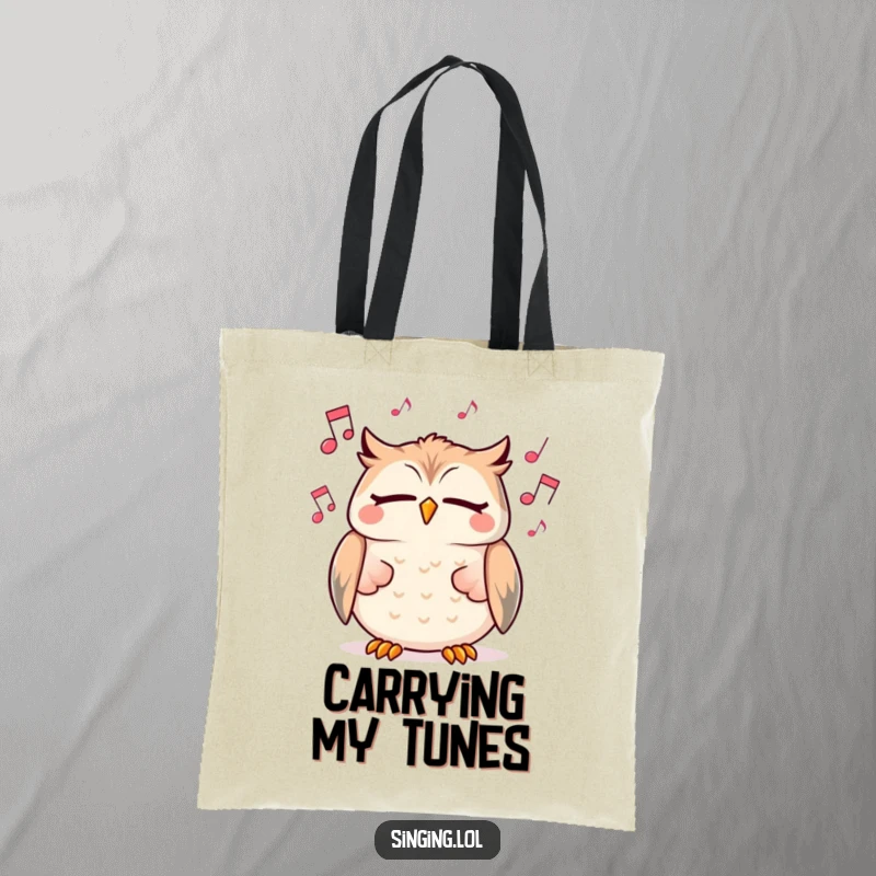 Funny tote bag showcasing a cheerful owl character singing with closed eyes amid floating musical notes, perfect for carrying essentials.