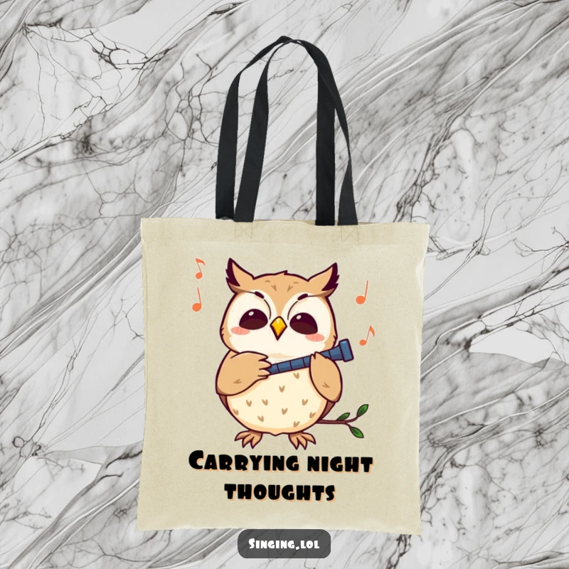 Funny owl tote bag with a curious owl character hooting along to a melody, ideal for carrying music notes or groceries.
