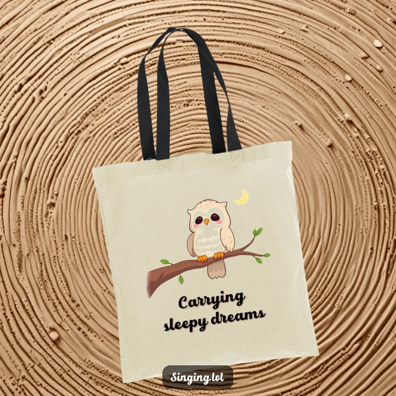 Funny tote bag featuring a curious owl singing a lullaby on a branch, perfect for carrying items with a touch of serenity.