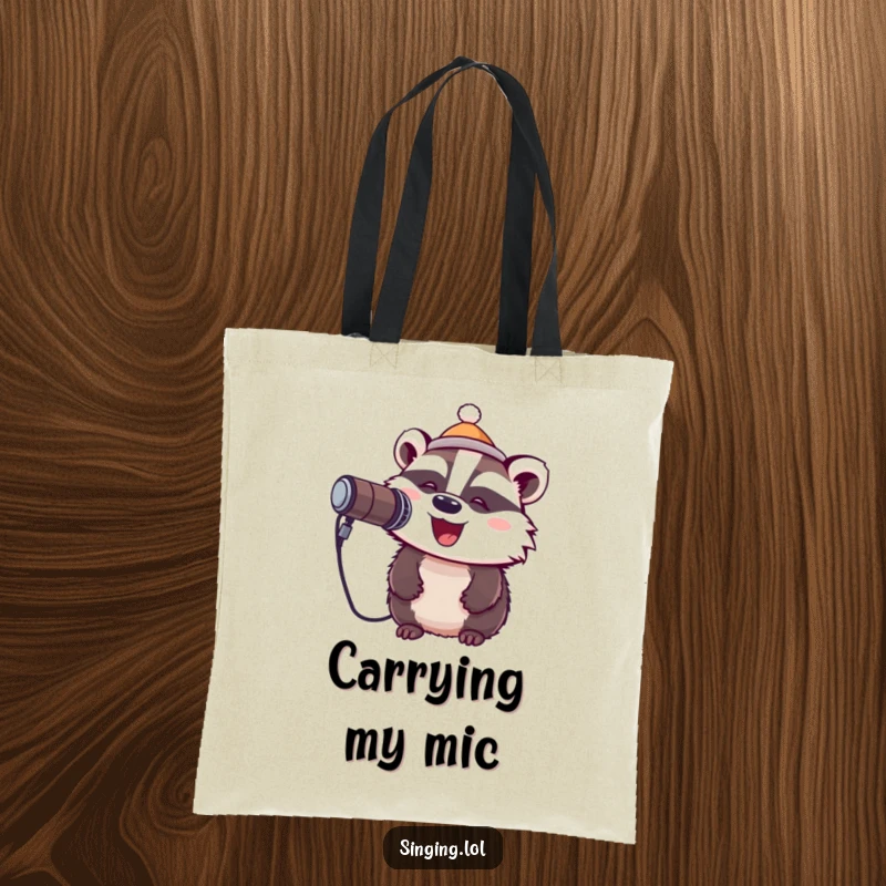 Funny tote bag with a cheerful badger in a tiny hat singing into a microphone, ideal for carrying essentials and music dreams.