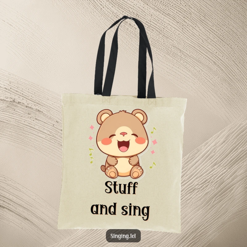 Funny tote bag showcasing a joyful bear cub with a wide smile, singing its heart out with gusto.