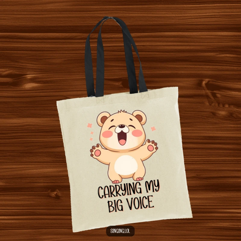 Funny Bear Cub Singer Tote Bag: A giggling bear cub sings with paws spread wide, a charming and joyful accessory.
