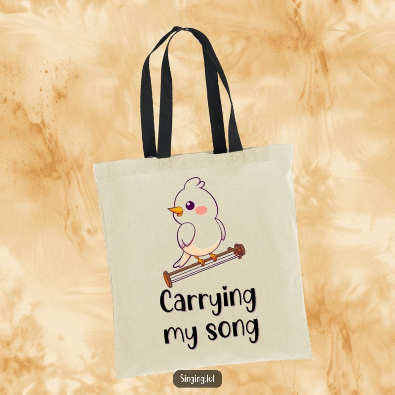 Funny bird tote bag with a smiling bird character perched on a musical staff, perfect for carrying music notes or groceries.
