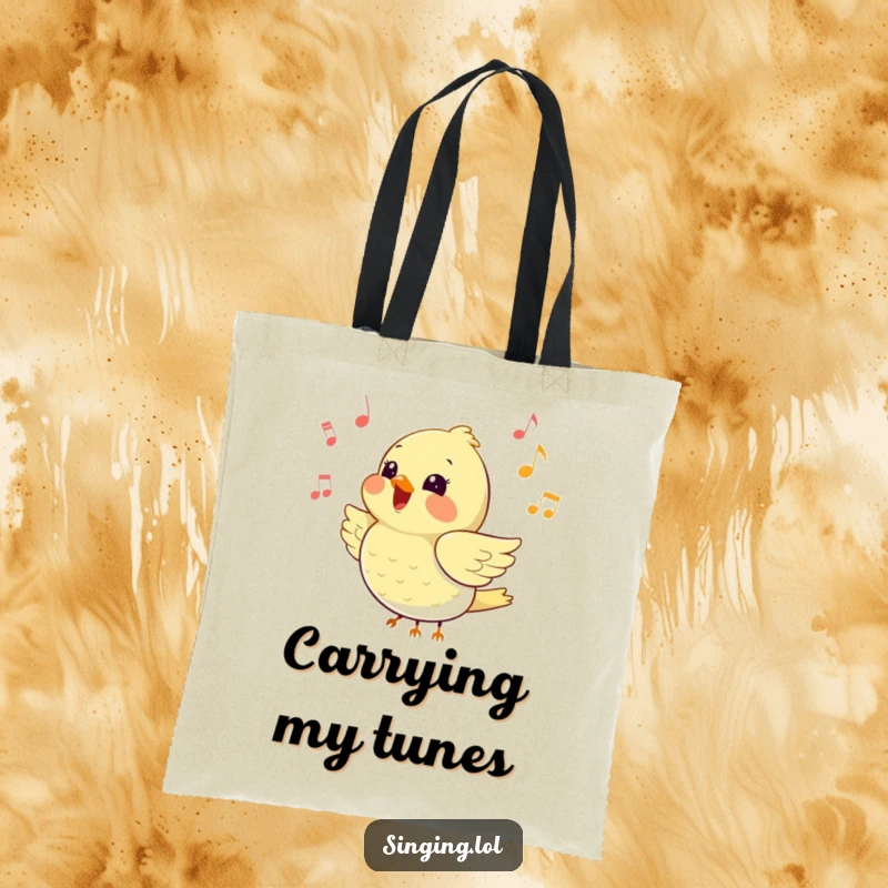 Funny tote bag with a happy little bird chirping loudly surrounded by music notes, ideal for carrying tunes and smiles.
