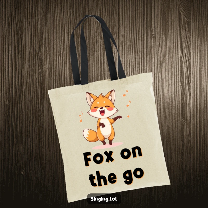Funny fox tote bag with a playful dancing character singing a silly song, perfect for errands and outings.
