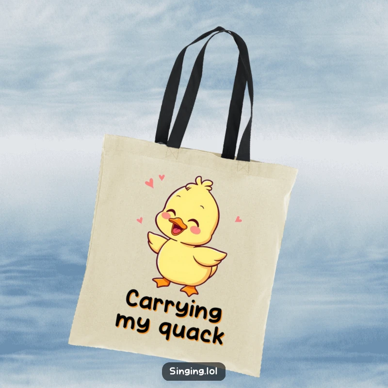 Funny tote bag featuring an ecstatic duckling character, mid-quack with a joyful giggle, perfect for carrying your goods with a smile.