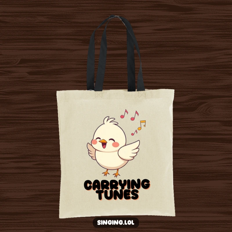 Funny Tote Bag: A cheerful bird character sings surrounded by music notes, a functional and humorous accessory.
