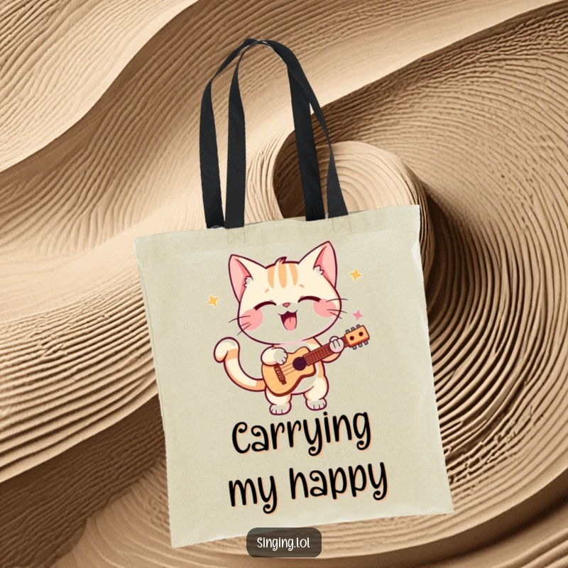 Funny kitten tote bag, featuring a happy cat performing solo, tail wagging to the rhythm, a delightful accessory for music fans.