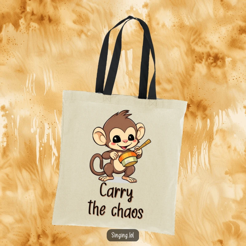 Funny tote bag with a mischievous monkey character playing cymbals, ideal for carrying essentials with flair.