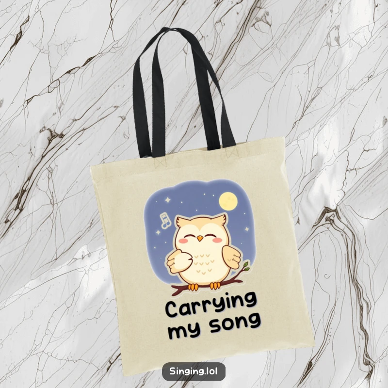 Funny tote bag featuring a smiling owl serenading the moon with a soft melody, perfect for carrying essentials.
