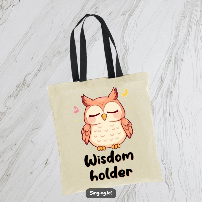Funny owl tote bag with a happy character serenely hooting a lullaby, perfect for carrying necessities on peaceful journeys.
