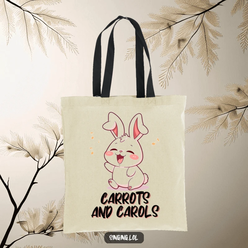 Funny rabbit tote bag with a delighted character with ears flopping while singing, perfect for everyday use.