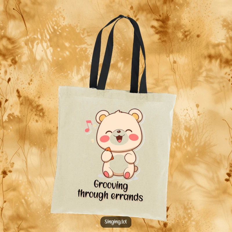 Funny tote bag featuring a cheerful cartoon bear character singing with a musical note, great for carrying everyday items.