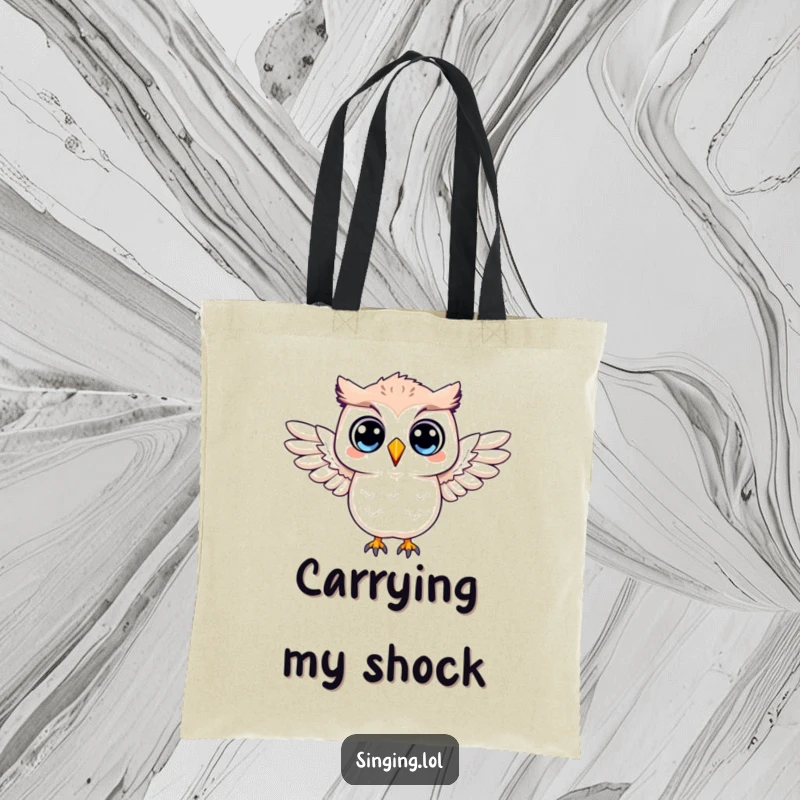Funny tote bag showcasing a surprised owl character with its wings outstretched, perfect for carrying essentials with humor.