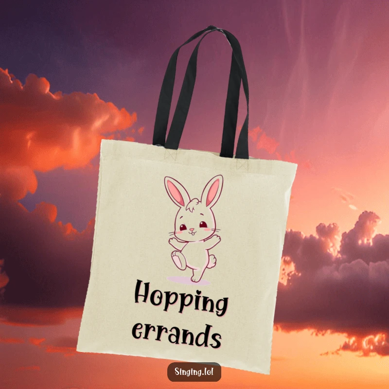 Funny tote bag with a curious bunny character tapping its foot, ideal for carrying music-related items.