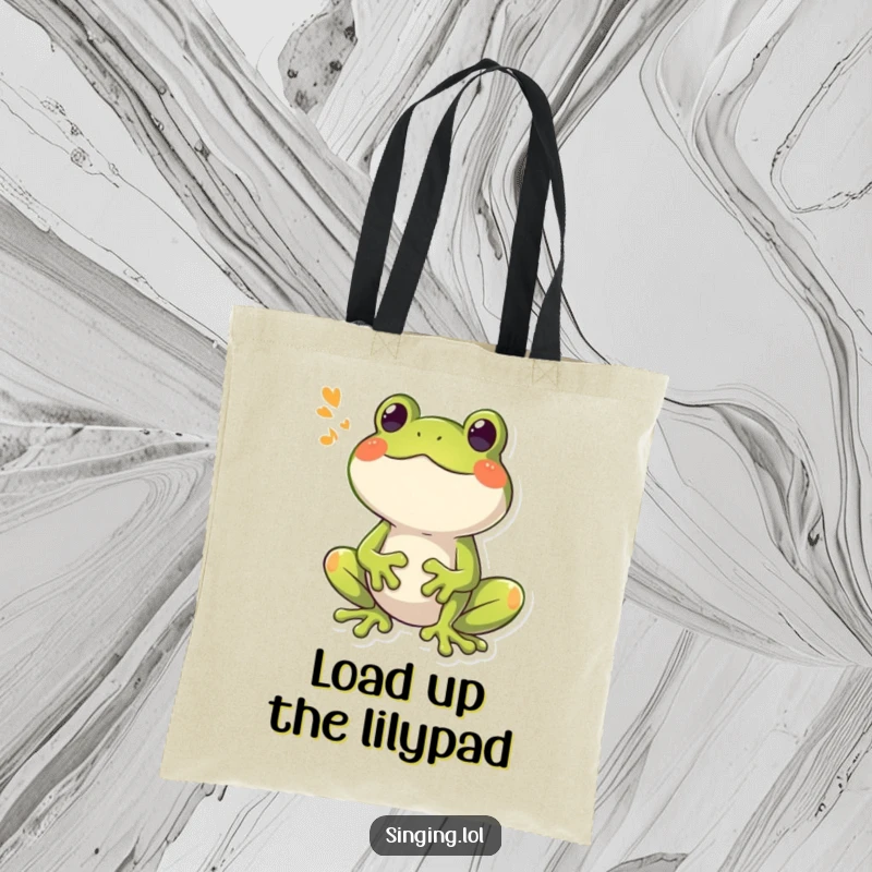 Funny Frog Croaking Tote Bag, a happy frog character croaking a booming song, a fun and functional bag.