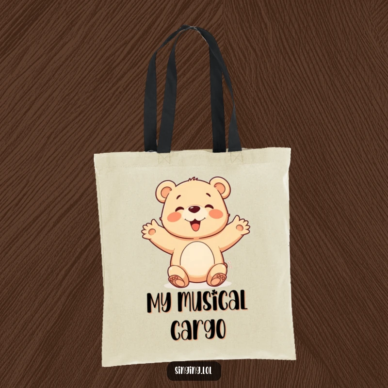 Funny happy bear cub character with open arms joining a chorus, printed on a durable tote bag for spreading cheer.