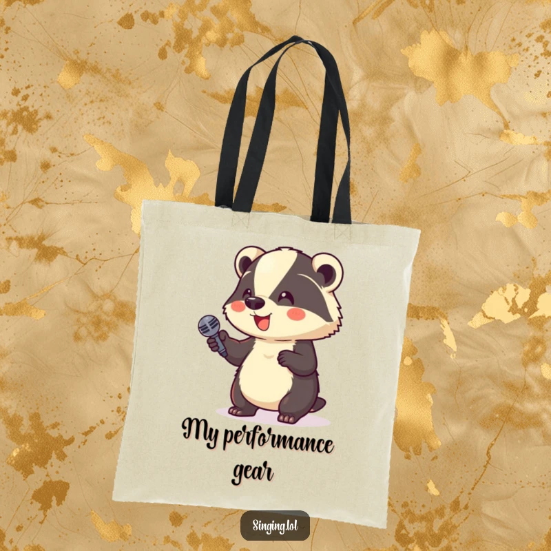 Funny Tote Bag: A giggling badger holds a microphone, ready for comedy, a functional and humorous accessory.