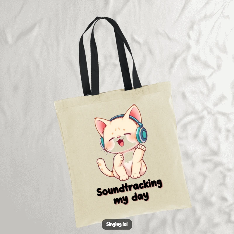 Funny tote bag featuring a singing kitten wearing tiny headphones and tapping its paw, great for everyday use.