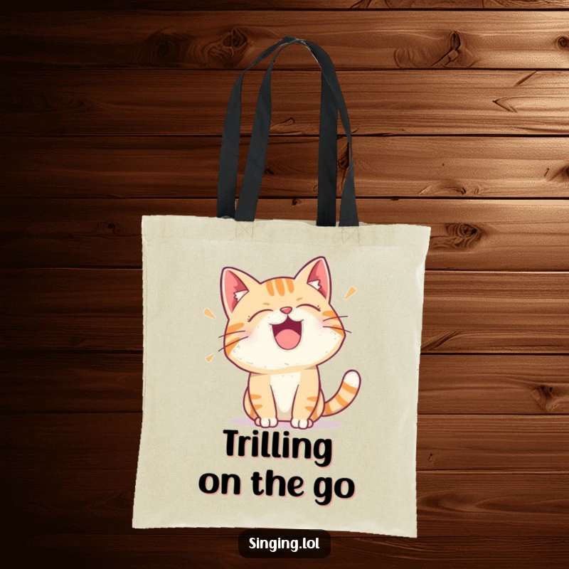 Funny tote bag with a design of a happy cat character making a vocal trill, ideal for carrying essentials with feline flair.